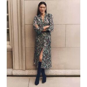 Ann Taylor Floral Belted Shirtdress‎ Button Front Long Sleeve Midi Black Size 2